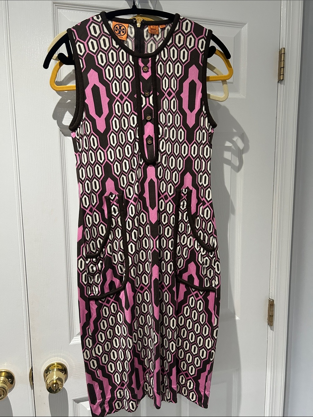 Tory Burch Pink, Cream & Brown Geometric Knit Shift Dress